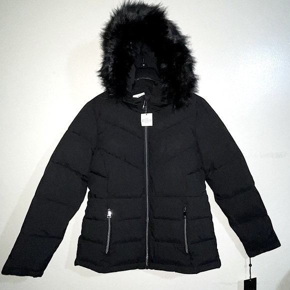 DKNY Hooded Puffer Jacket faux fur Size M Black. - Picture 15 of 16